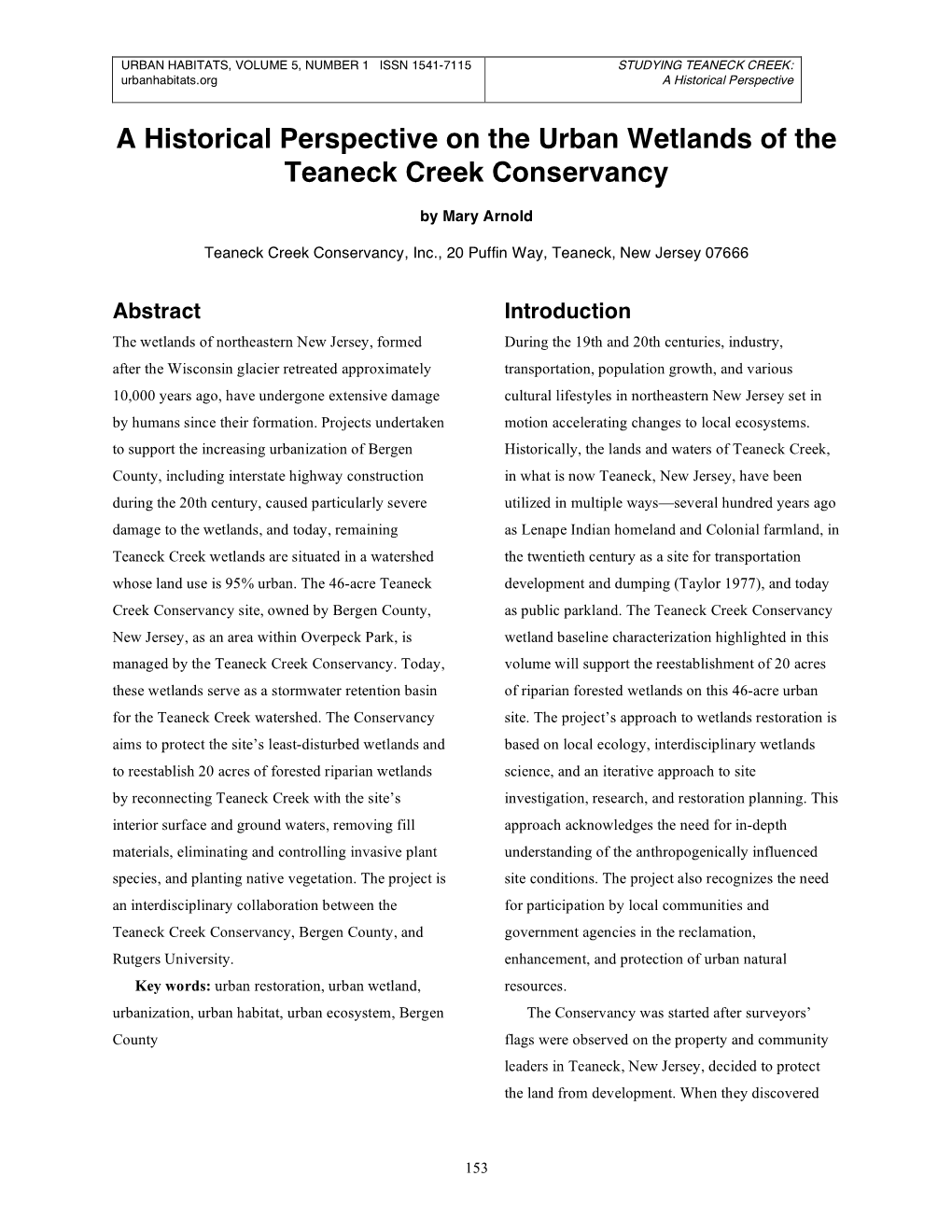 A Historical Perspective on the Urban Wetlands of the Teaneck Creek Conservancy