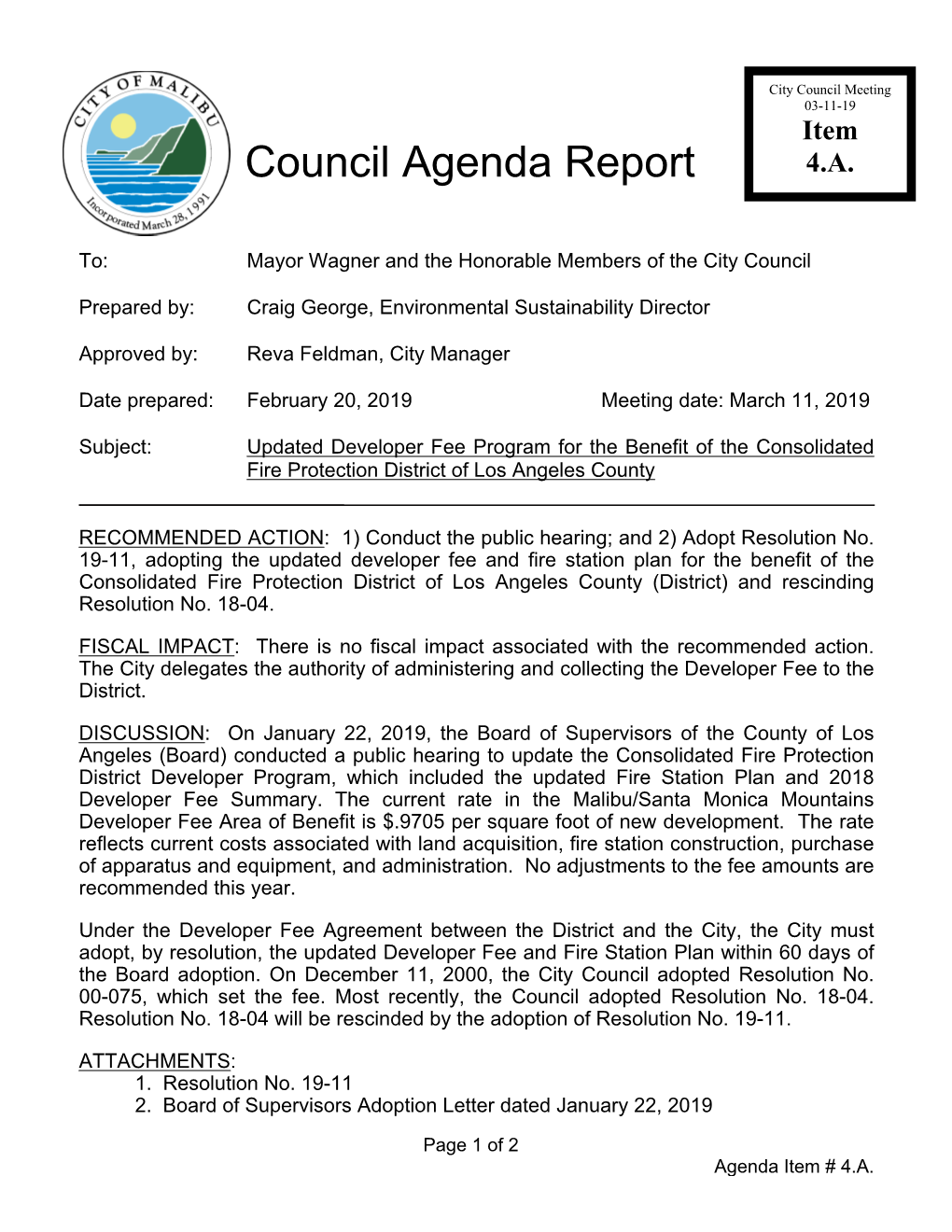 Council Agenda Report 4.A