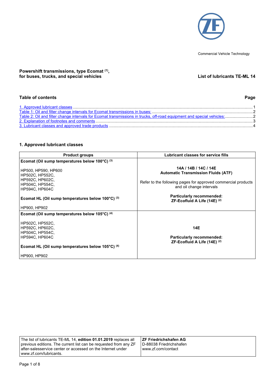 Powershift Transmissions, Type Ecomat (1), for Buses, Trucks, and Special Vehicles List of Lubricants TE-ML 14