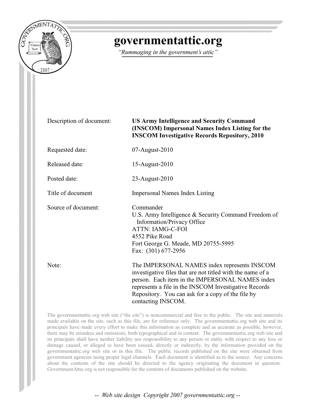 Impersonal Names Index Listing for the INSCOM Investigative Records Repository, 2010