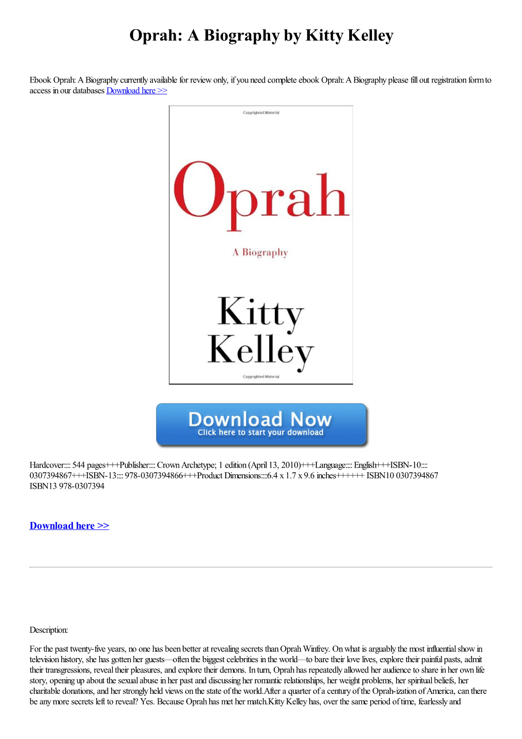 Oprah: a Biography by Kitty Kelley [Book]