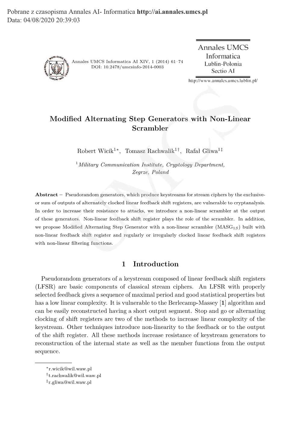 Modified Alternating Step Generators with Non-Linear Scrambler