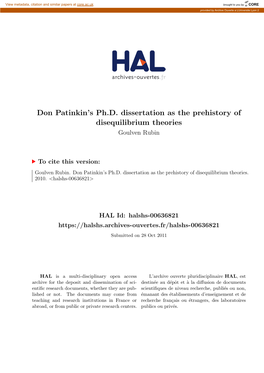Don Patinkin's Ph.D. Dissertation As the Prehistory of Disequilibrium