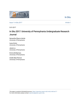 In Situ 2017: University of Pennsylvania Undergraduate Research Journal