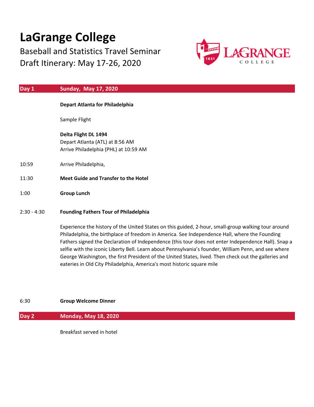 Lagrange College Baseball and Statistics Travel Seminar Draft Itinerary: May 17-26, 2020