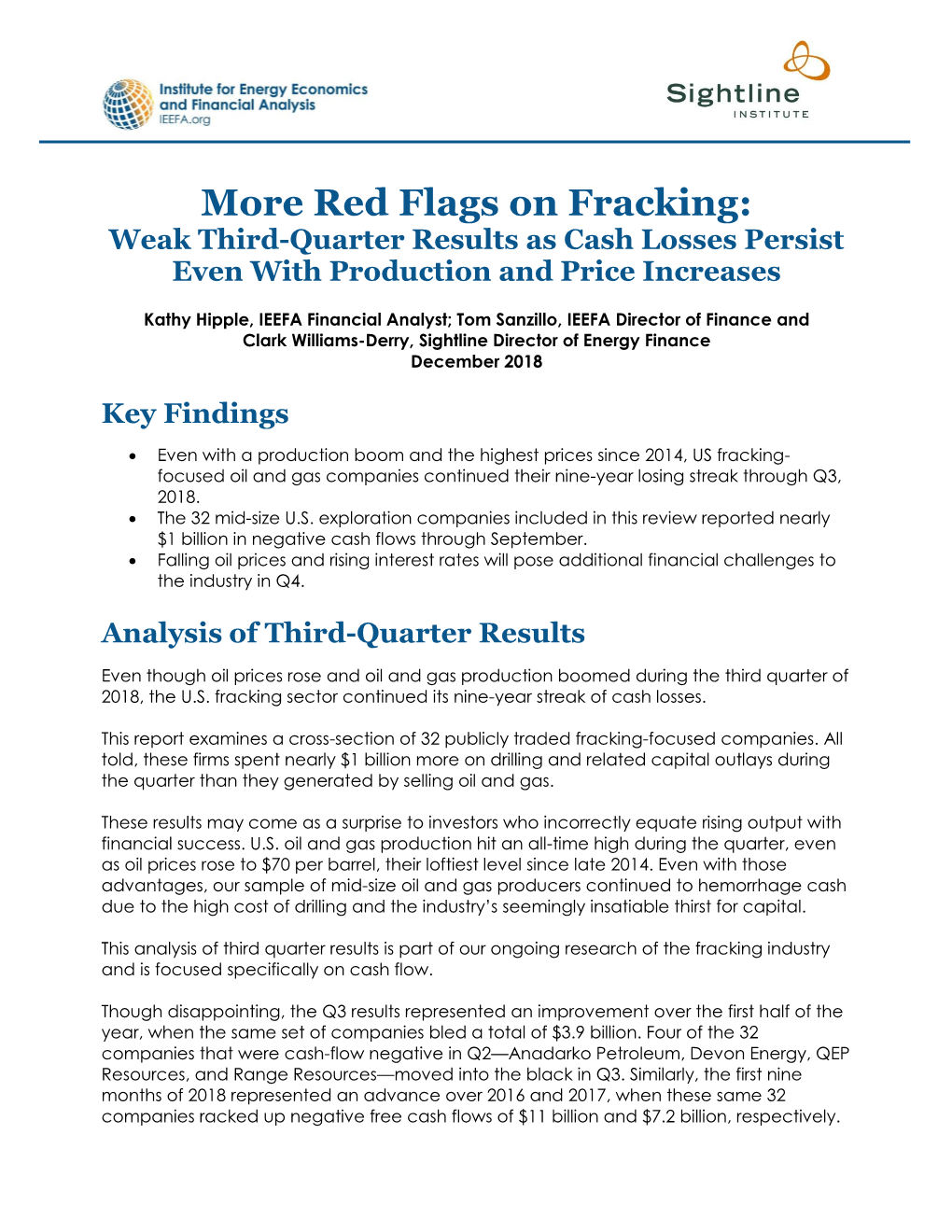 IEEFA: More Red Flags on Fracking: Weak Third-Quarter Results