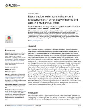 Literary Evidence for Taro in the Ancient Mediterranean: a Chronology of Names and Uses in a Multilingual World
