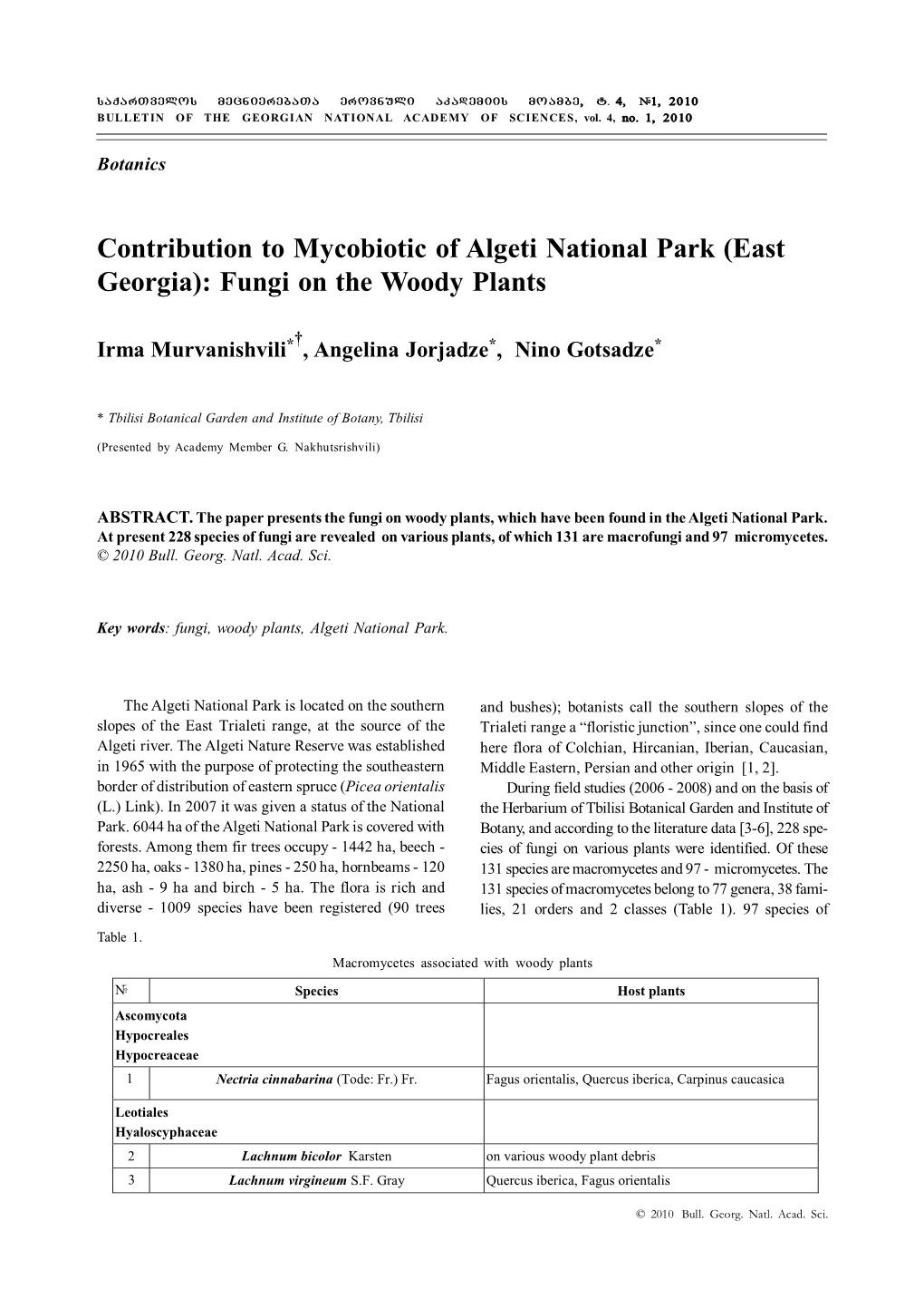 Contribution to Mycobiotic of Algeti National Park (East Georgia): Fungi on the Woody Plants