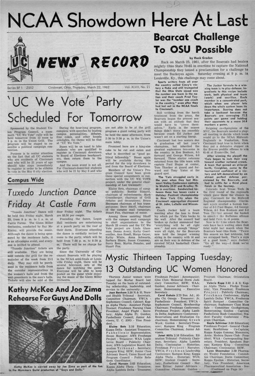 University of Cincinnati News Record. Thursday, March 22, 1962. Vol. XLVII, No