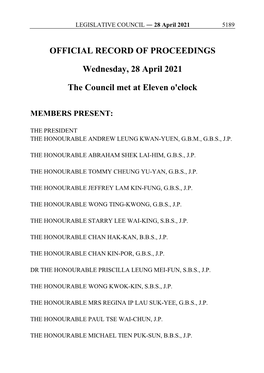 OFFICIAL RECORD of PROCEEDINGS Wednesday, 28 April 2021 the Council Met at Eleven O'clock