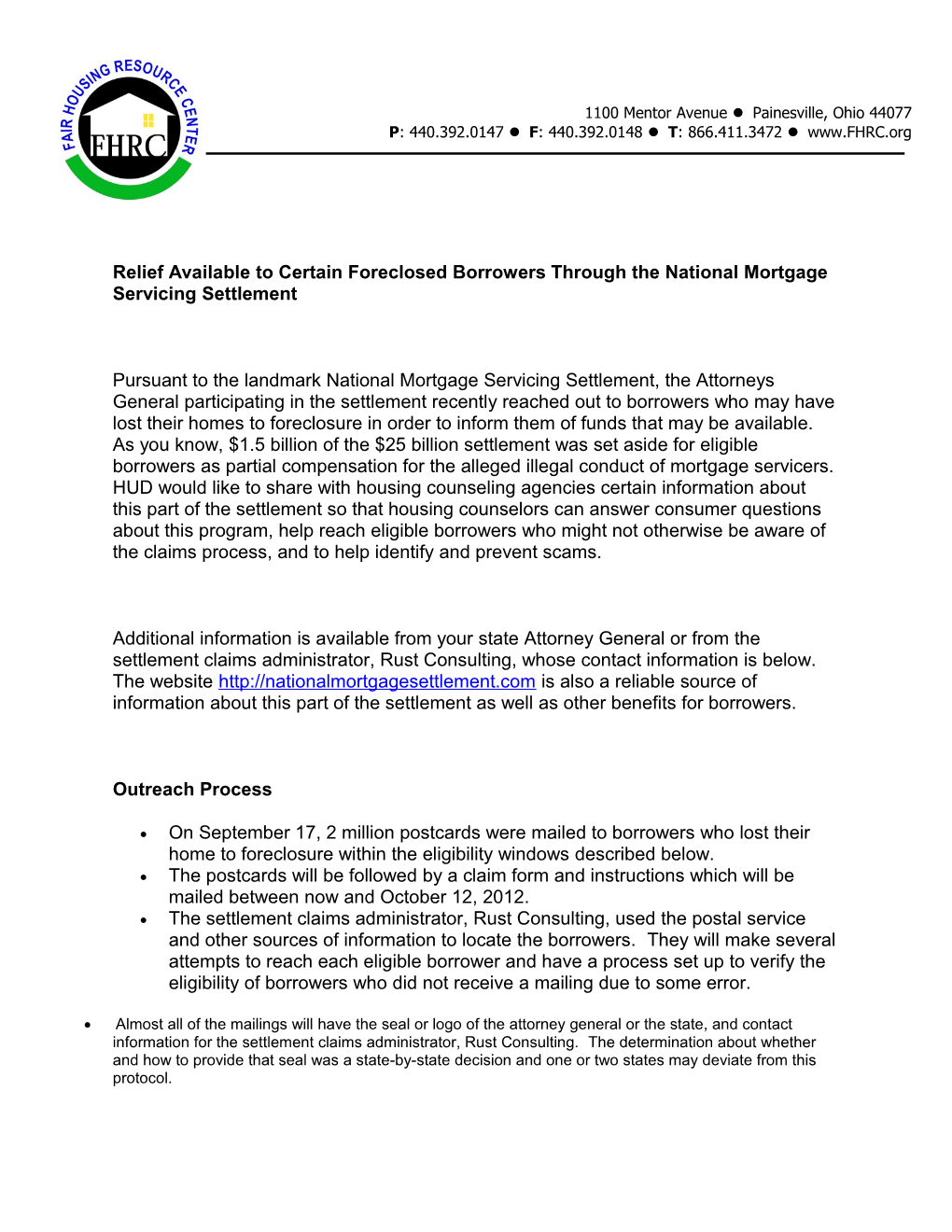 Relief Available to Certain Foreclosed Borrowers Through the National Mortgage Servicing