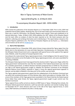 War in Tigray: Summary of Main Events Special Briefing No. 4, 10
