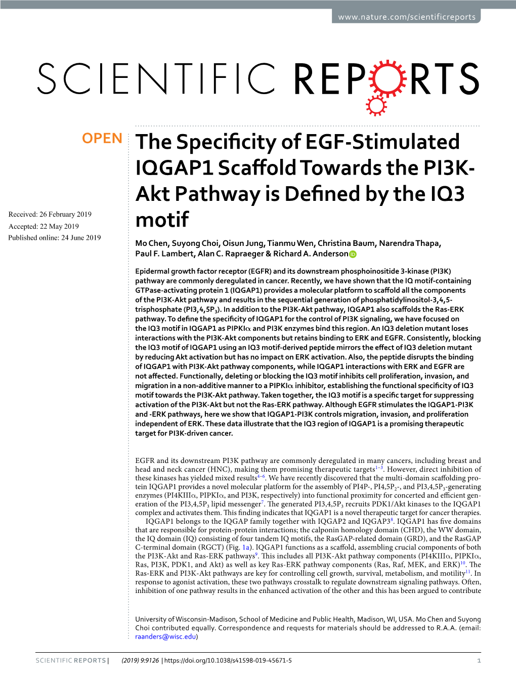 The Specificity of EGF-Stimulated IQGAP1 Scaffold Towards the PI3K-Akt Pathway Is Defined by the IQ3 Motif