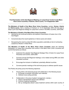 Final Declaration of the Sub-Regional Meeting on Lassa Fever Control in the Mano River Union Countries, Freetown, Sierra Leone, 13-14 September 2004