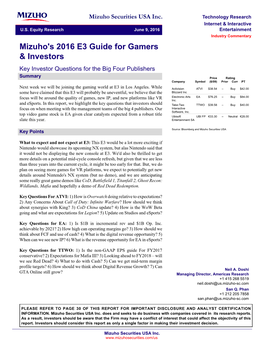 Mizuho's 2016 E3 Guide for Gamers & Investors