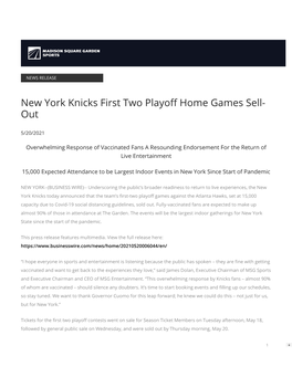 New York Knicks First Two Playo Home Games Sell