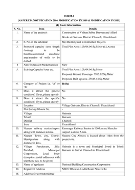 FORM-1 [AS PER EIA NOTIFICATION 2006, MODIFICATION in 2009 & MODIFICATION in 2011] (I) Basic Information S