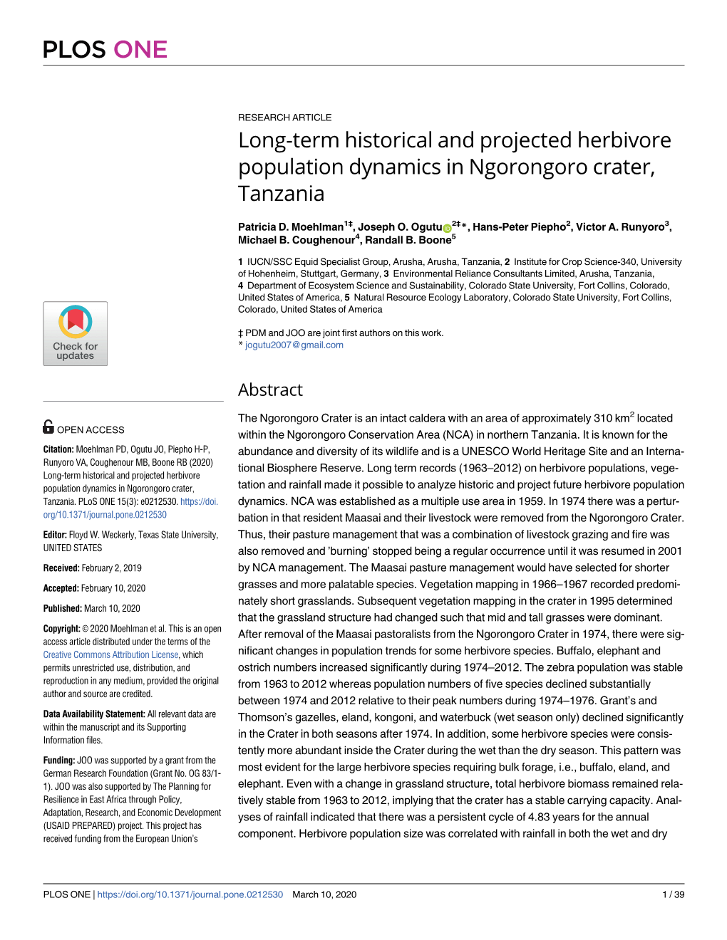 Long-Term Historical and Projected Herbivore Population Dynamics in Ngorongoro Crater, Tanzania