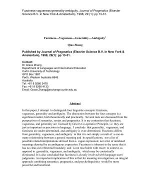 Fuzziness-Vagueness-Generality-Ambiguity. Journal of Pragmatics (Elsevier Science B.V