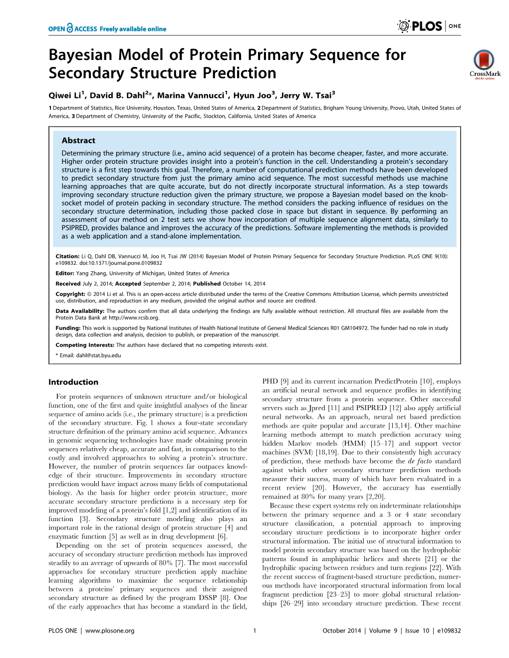 Bayesian Model of Protein Primary Sequence for Secondary Structure Prediction