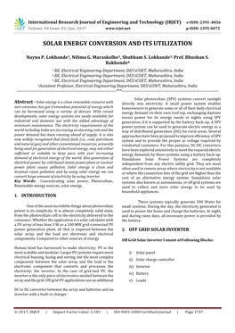 Solar Energy Conversion and Its Utilization