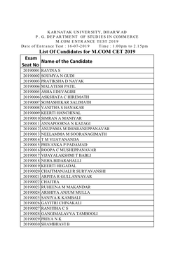Exam Seat No Name of the Candidate List of Candidates for M.COM CET