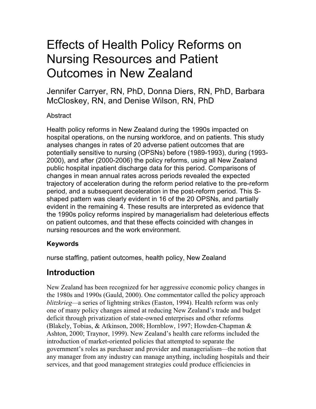 Effects of Health Policy Reforms on Nursing Resources and Patient