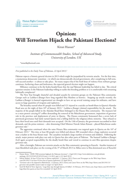 Will Terrorism Hijack the Pakistani Elections? Kiran Hassan*