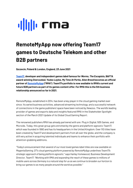 Remotemyapp Now Offering Team17 Games to Deutsche Telekom and Other B2B Partners