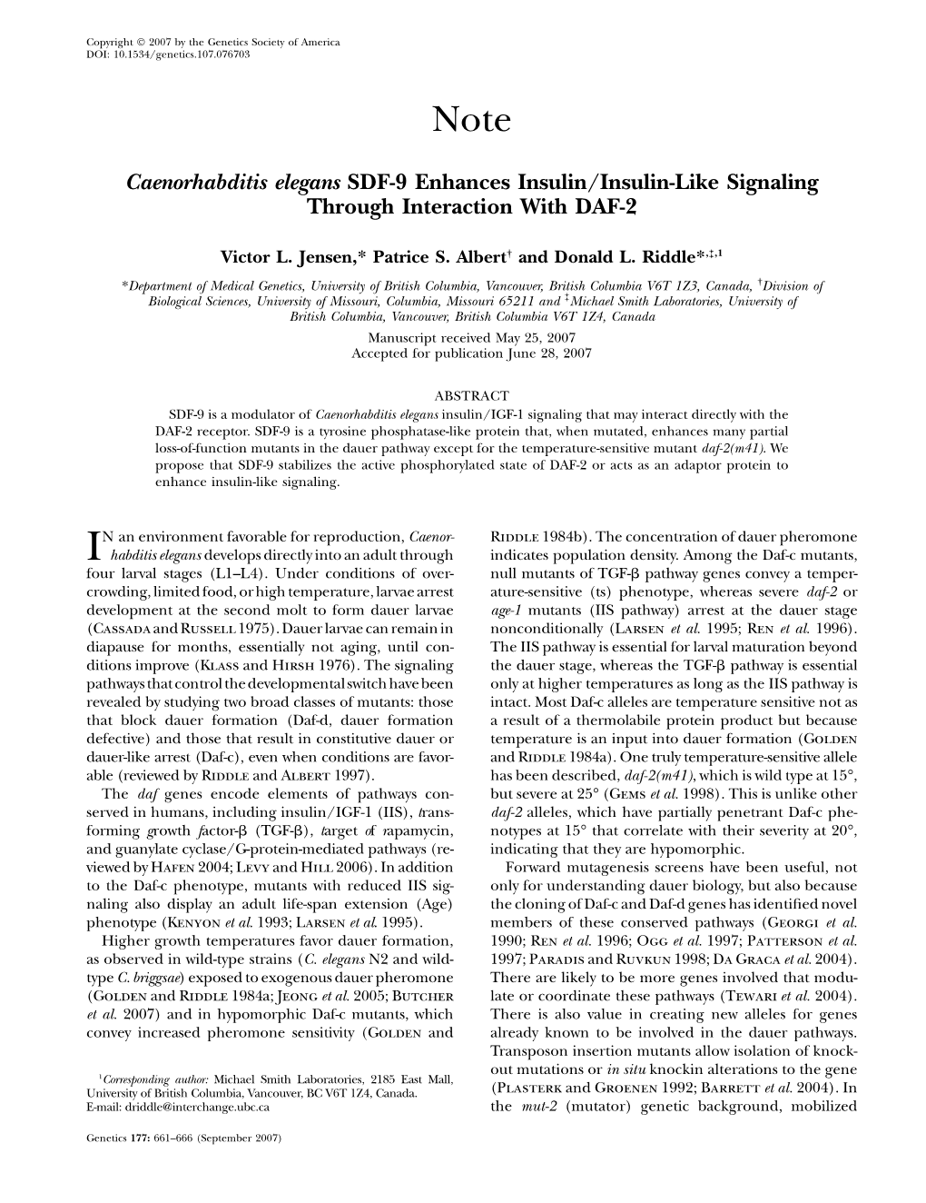 Caenorhabditis Elegans SDF-9 Enhances Insulin/Insulin-Like Signaling Through Interaction with DAF-2