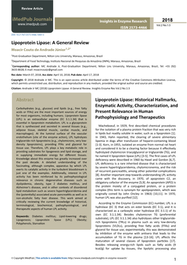 Lipoprotein Lipase: a General Review Moacir Couto De Andrade Júnior1,2*