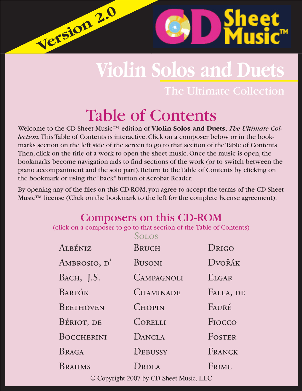 Violin Solos and Duets the Ultimate Collection Table of Contents Welcome to the CD Sheet Music™ Edition of Violin Solos and Duets, the Ultimate Col- Lection