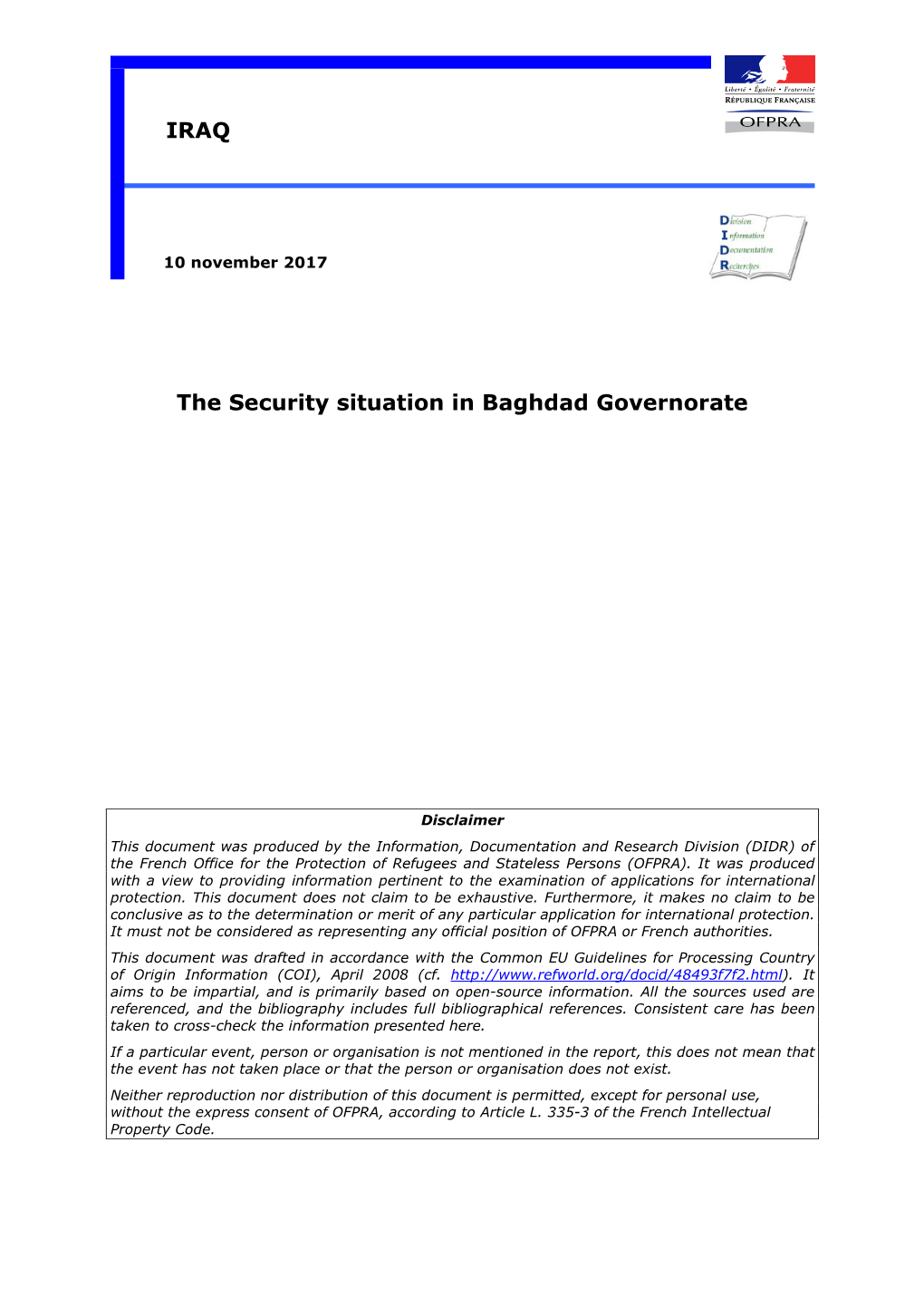 The Security Situation in Baghdad Governorate IRAQ