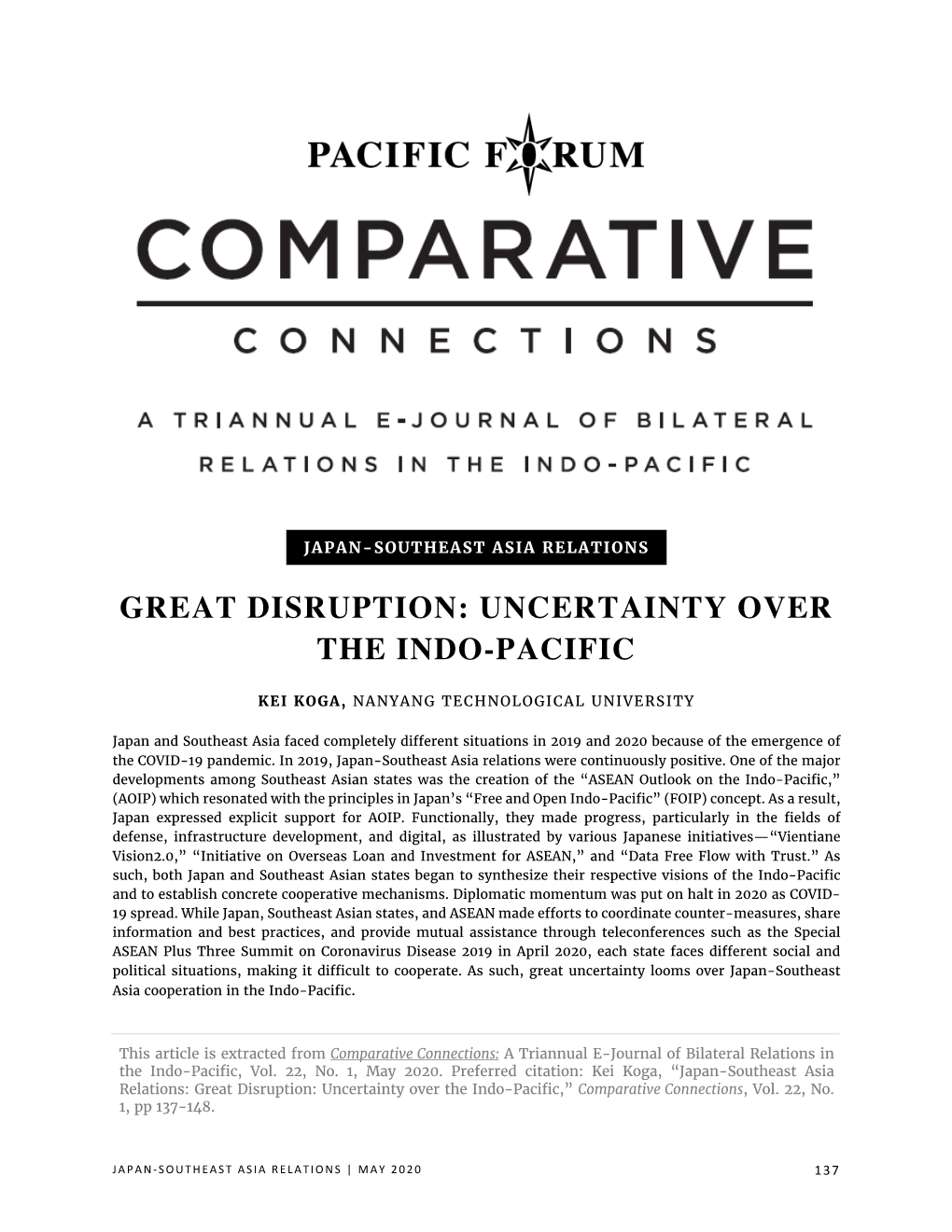 Japan-Southeast Asia Relations: Great Disruption: Uncertainty Over the Indo-Pacific,” Comparative Connections, Vol