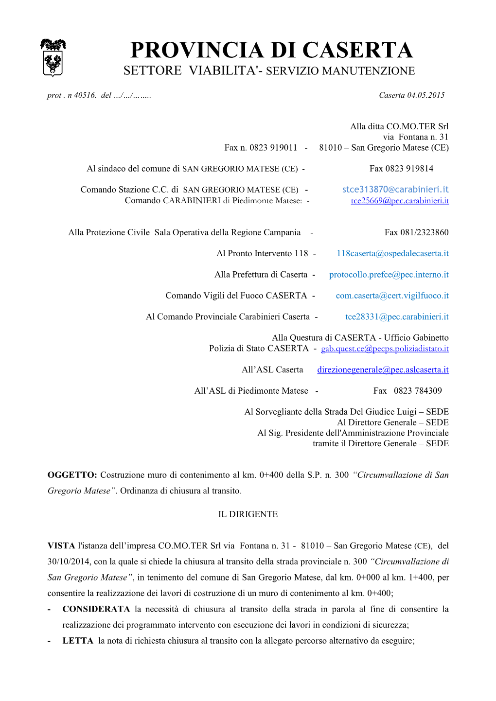 Provincia Di Caserta Settore Viabilita'- Servizio Manutenzione