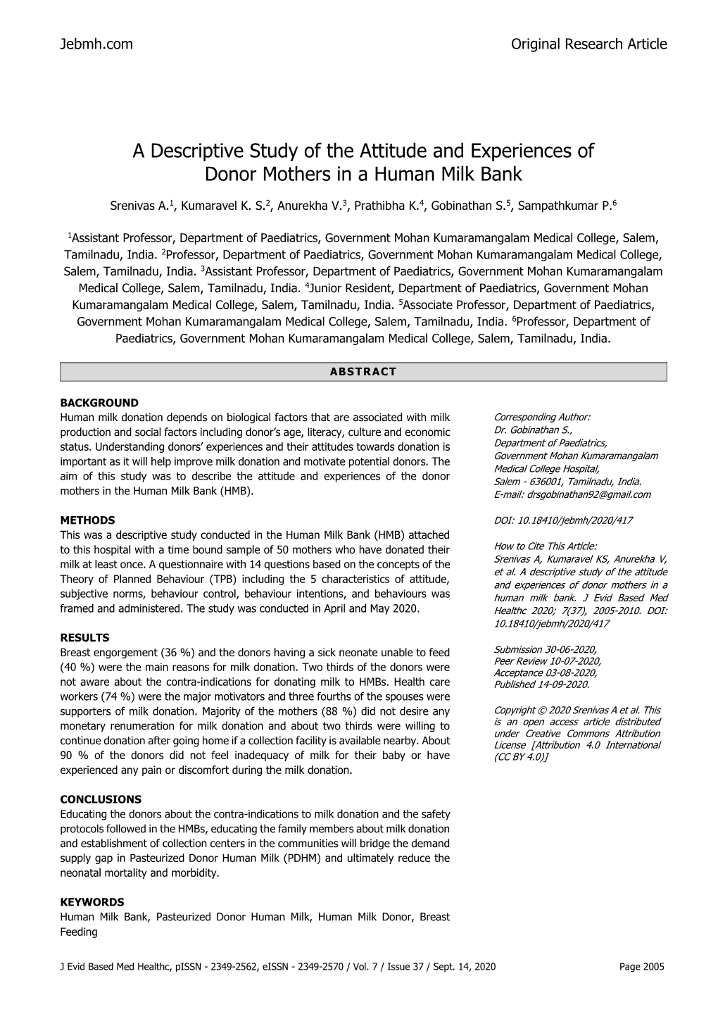 A Descriptive Study of the Attitude and Experiences of Donor Mothers in a Human Milk Bank