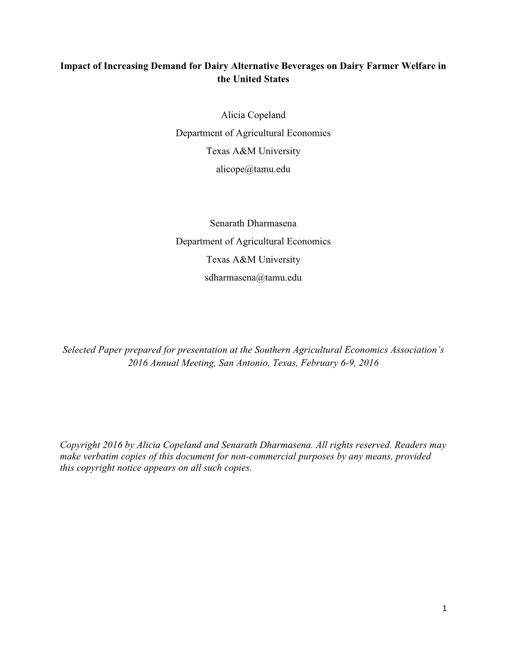 Impact of Increasing Demand for Dairy Alternative Beverages on Dairy Farmer Welfare in the United States