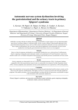 Autonomic Nervous System Dysfunction Involving the Gastrointestinal and the Urinary Tracts in Primary Sjögren’S Syndrome