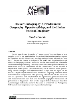 Hacker Cartography: Crowdsourced Geography, Openstreetmap, and the Hacker Political Imaginary