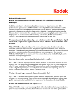 Editorial Background: Kodak Scientists Discuss Why and How the New Intermediate Film Was Developed