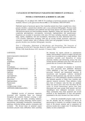 Catalogue of Protozoan Parasites Recorded in Australia Peter J. O