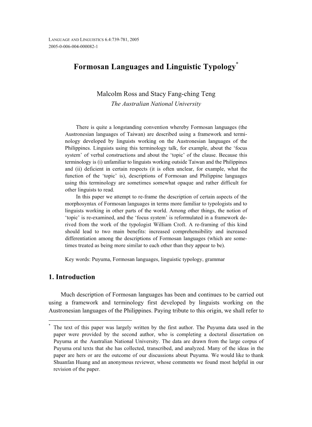 Formosan Languages and Linguistic Typology*
