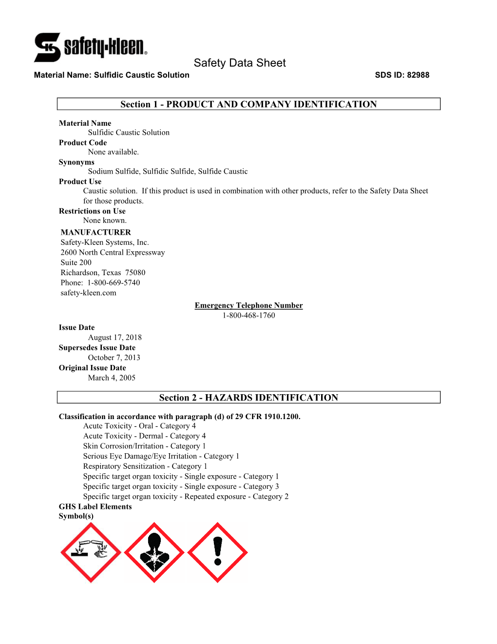 Safety Data Sheet Material Name Sulfidic Caustic Solution SDS ID