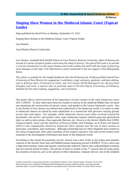 Singing Slave Women in the Medieval Islamic Court (Topical Guide)