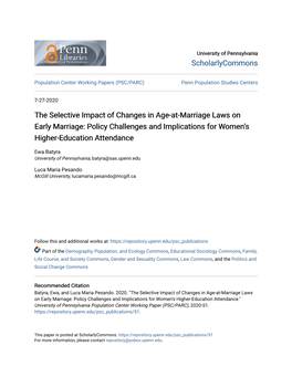 The Selective Impact of Changes in Age-At-Marriage Laws on Early Marriage: Policy Challenges and Implications for Women’S Higher-Education Attendance