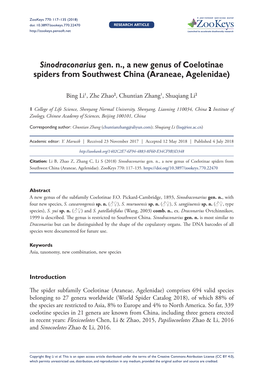 Sinodraconarius Gen. N., a New Genus of Coelotinae Spiders from Southwest China (Araneae, Agelenidae)