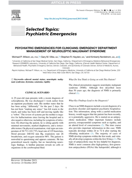 Emergency Department Management of Neuroleptic Malignant Syndrome