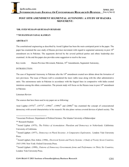 Post 18Th Amendment Segmental Autonomy: a Study of Hazara Movement