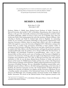 Muhsin S. Mahdi Was Spread Upon the Permanent Records of the Faculty