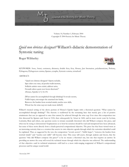 MTO 10.1: Wibberley, Willaert's Didactic Demonstration of Syntonic